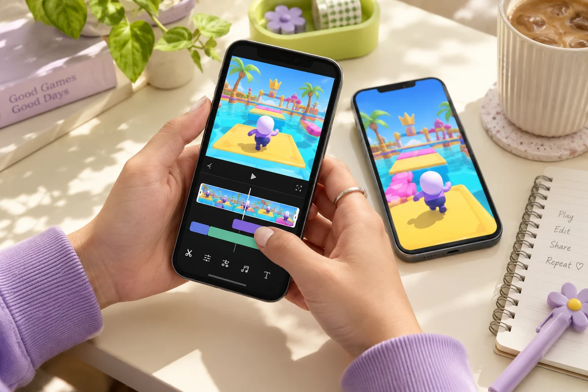 Hands editing an original mobile obstacle-course gameplay clip on a smartphone