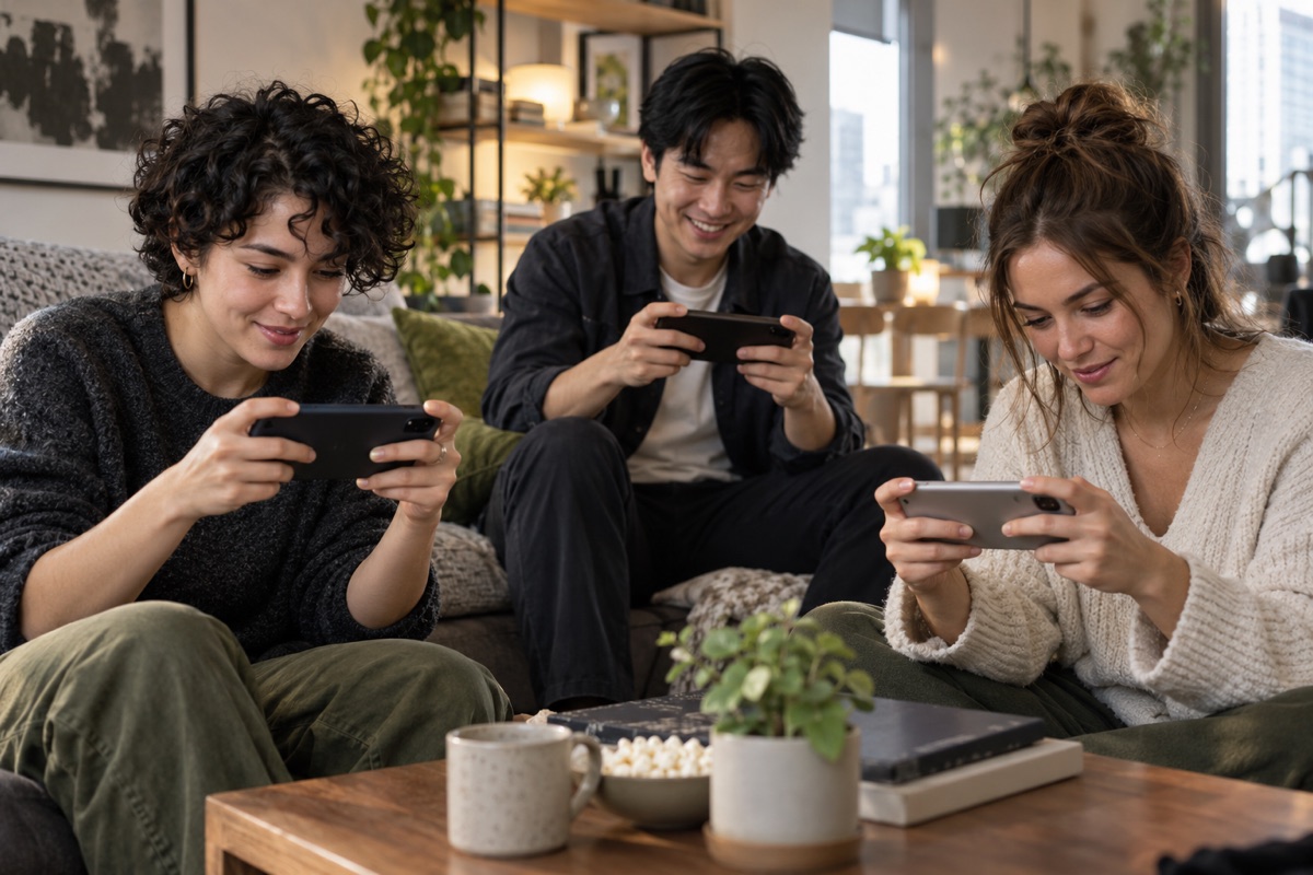 Illustrative scene of friends enjoying mobile games together